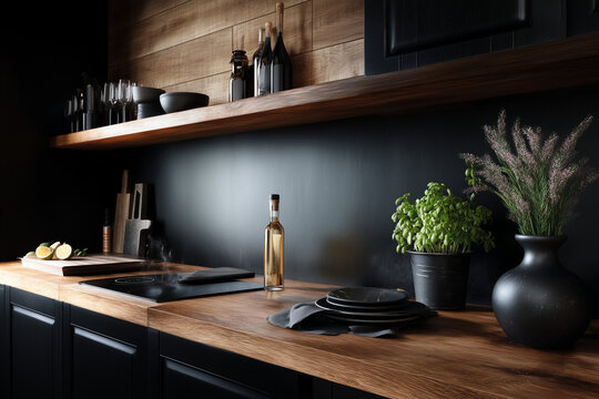 Black and dark wood modern kitchen, black cabinets, wooden countertop, black wall behind the cabinet with wood paneling, interior design photography