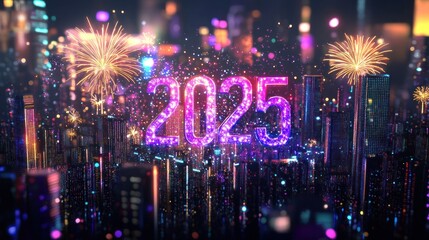New Year's Eve fireworks over a futuristic city, 2025