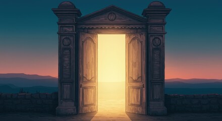 Open ornate doorway revealing bright light at sunset illustration. Fantasy art style. Opportunity and new beginnings concept. For motivational posters, fantasy settings, transition themes