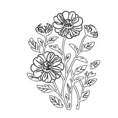 Botanical floral arrangement illustration featuring stylized blooms and delicate leaves