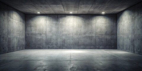 Empty, dimly lit concrete room with recessed lighting and textured walls