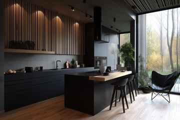 Fototapeta premium Black and dark wood modern kitchen, black cabinets, wooden countertop, black wall behind the cabinet with wood paneling, interior design photography