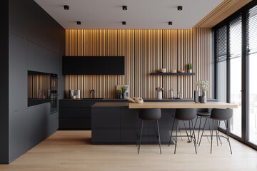 Black and dark wood modern kitchen, black cabinets, wooden countertop, black wall behind the cabinet with wood paneling, interior design photography