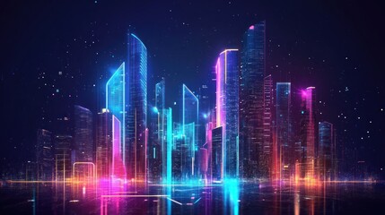 Obraz premium Futuristic city skyline at night, vibrant neon lights reflecting on water. Complex architectural designs, glowing outlines