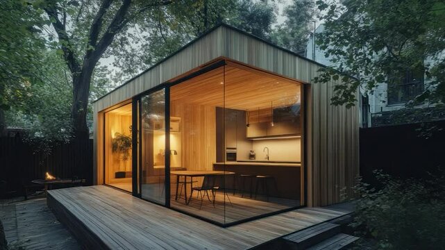 Modern wooden tiny house in backyard at dusk