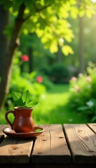 Rustic wooden table, garden bokeh Perfect for product display , vintage, bokeh, display