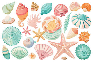 Pastel Watercolor Seashells and Starfish Collection for Summer Designs