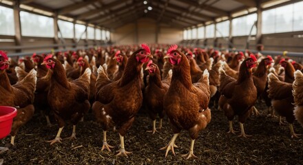 Brown laying hens with bright red combs in large group inside modern poultry house. Commercial egg production. Free-range farming, poultry, agriculture. egg producers and poultry industry.