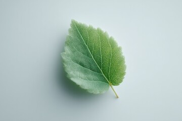 single green leaf rests against bright white background symbolizing renewal and growth