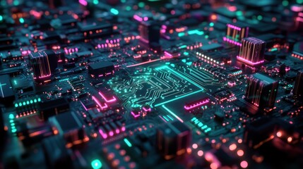 Obraz premium Neon Circuit Board: A Futuristic Technological Landscape