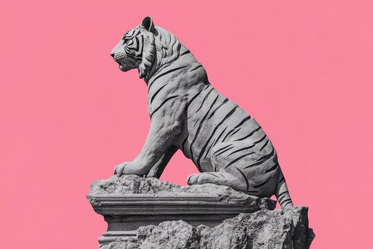 Majestic stone tiger statue against a vibrant pink backdrop.