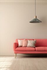 Inviting Interior Scene with Coral Sofa Cushions and Stylish Pendant Light Creating a Cozy Ambiance