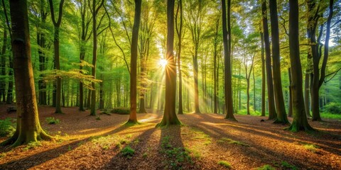 Obraz premium Warm sunlight filters through leafy forest canopy, casting dappled shadows on the forest floor, nature