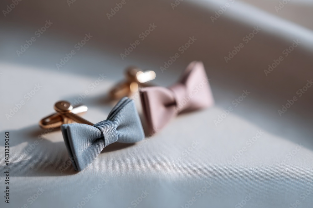 Poster close-up of neatly arranged bow ties and cufflinks against smooth light-colored backdrop with ample 