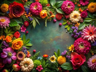 Fototapeta premium Low Light Floral Border: Colorful Flowers & Leaves Nature Frame with Copy Space