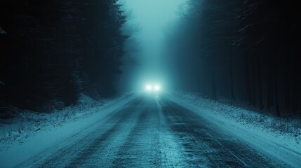 Eerie Winter Road with Headlights Piercing Through the Foggy Forest Landscape in a Cold Blue Tone