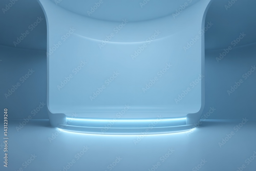 Poster futuristic empty podium illuminated with soft blue lights surrounded by minimalist clean image