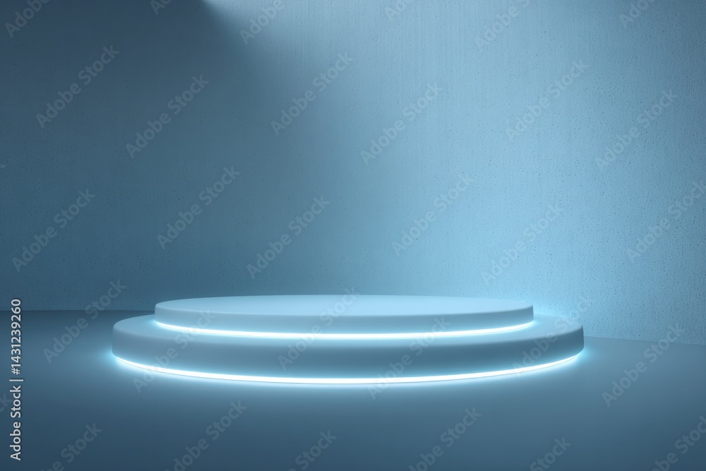 Poster futuristic empty podium illuminated with soft blue lights surrounded by minimalist clean image