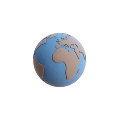 3D illustration of Earth showcasing continents brown and oceans blue, set against plain background. globe highlights Africa and Europe prominently, offering simplified, artistic representation