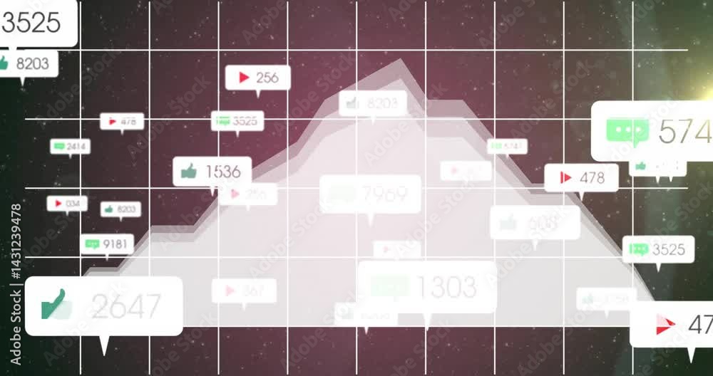 Poster visualizing digital mountain chart showing social metrics over starfield grid, highlighting icons