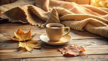 Fototapeta premium A warm beverage in a cozy autumn setting, surrounded by dried leaves and a soft knit textile on a rustic wooden surface.