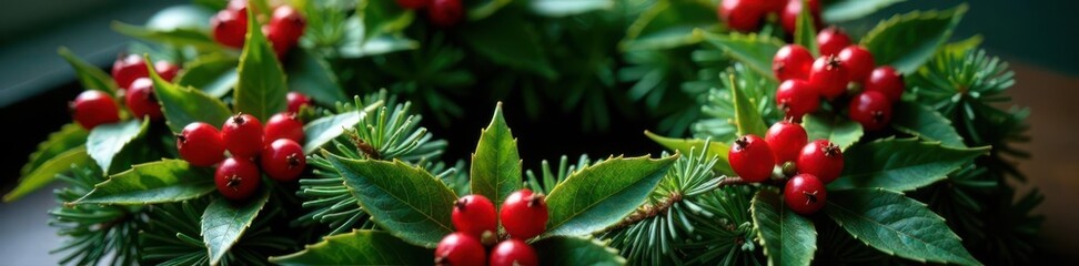Vibrant red holly berries nestled amongst lush green pine boughs, forming a classic Christmas wreath , design element, vector illustration, green