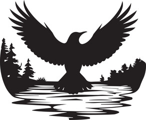 Obraz premium Majestic Silhouette of a Bird Taking Flight over a Forest Lake