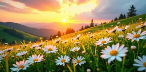 Fototapeta premium Sun-drenched daisies carpet a gently rolling hillside, vibrant against sunset , plants, rural