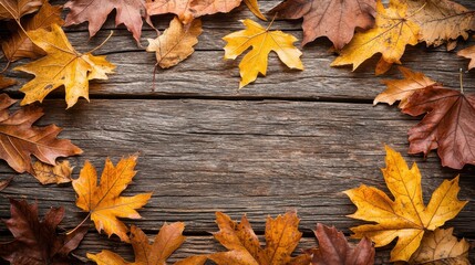 Autumn wedding invitation card background featu colorful leaves arranged artistically on a rustic wooden surface creating a warm and inviting seasonal atmosphere.