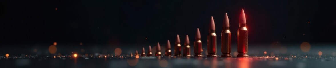 Descending bullets, shallow depth of field, black backdrop, bokeh, gravity