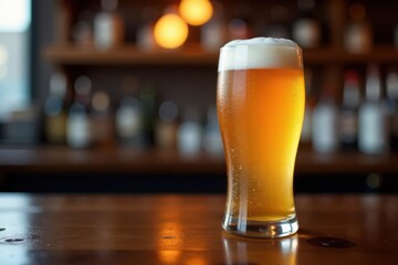Frosty beer glass sits on dark wood bar top, bokeh background , liquor, bar