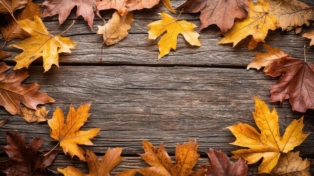 Autumn wedding invitation card background featu colorful leaves arranged artistically on a rustic wooden surface creating a warm and inviting seasonal atmosphere.