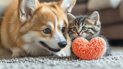 Obraz premium Dog and kitten share a heart-shaped toy