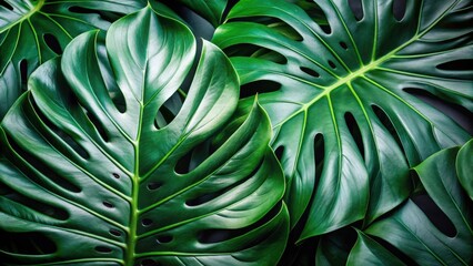 Lush Green Tropical Foliage Featuring Deep Emerald Leaves with Intricate Perforations, a Vibrant Display of Nature's Beauty