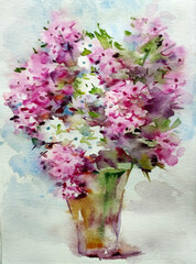 Abstract bright colored decorative background . Floral pattern handmade . Beautiful tender romantic bouquet of wild flowers , made in the technique of watercolors from nature