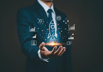 Businessman presenting rocket launch with business growth and success icons