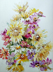 Abstract bright colored decorative background . Floral pattern handmade . Beautiful tender romantic bouquet of wild flowers , made in the technique of watercolors from nature