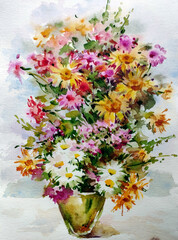 Abstract bright colored decorative background . Floral pattern handmade . Beautiful tender romantic bouquet of wild flowers , made in the technique of watercolors from nature