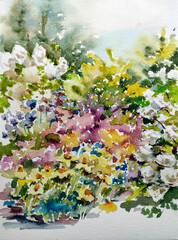 Watercolor colorful bright textured abstract background handmade . Mediterranean landscape . Painting of vegetation of the park , made in the technique of watercolors from nature
