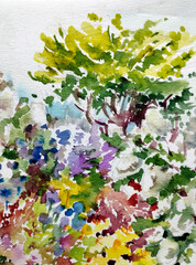 Watercolor colorful bright textured abstract background handmade . Mediterranean landscape . Painting of vegetation of the park , made in the technique of watercolors from nature