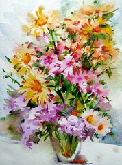 Abstract bright colored decorative background . Floral pattern handmade . Beautiful tender romantic bouquet of wild flowers , made in the technique of watercolors from nature