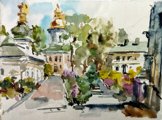 Watercolor colorful bright textured abstract background handmade . Mediterranean landscape . Painting of architecture of the historical place, made in the technique of watercolors from nature