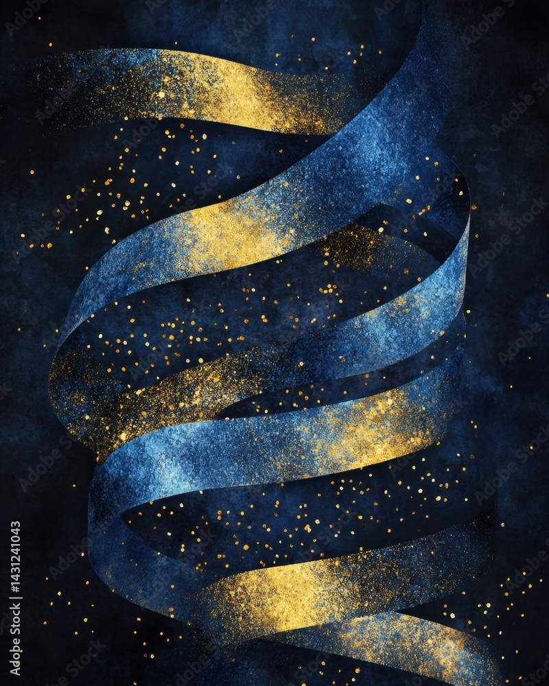 Poster elegant swirl of blue and gold ribbons on a dark background creating a festive and luxurious visual 