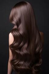 Naklejka premium Luxurious brown hair cascading down a woman's back against a dark backdrop showcasing shine and healthy texture for beauty and style