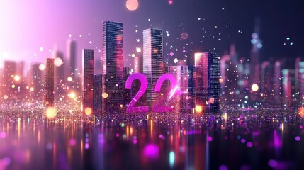 Fototapeta premium Futuristic city skyline at night, illuminated with vibrant colors and the year 2022