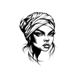 Fashionable woman with wrapped head covering in black and white against a white background