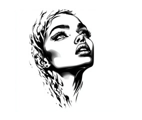 Fototapeta premium Expressive woman with flowing abstract hair in black and white against a white background