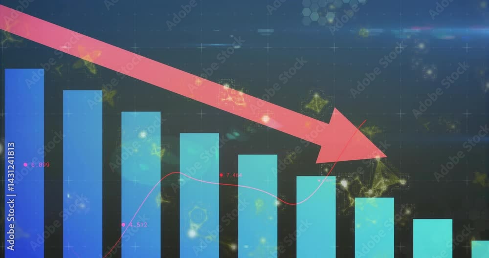 Poster abstract data visualization showing descending gradient blue bars with red trend line and red arrow