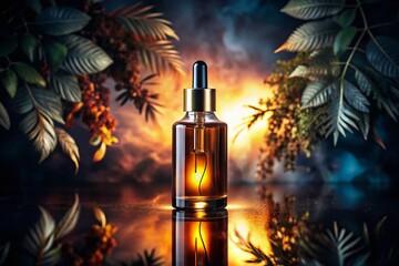 Luxurious Dark Beauty Oil Serum Bottle Double Exposure Stock Photo