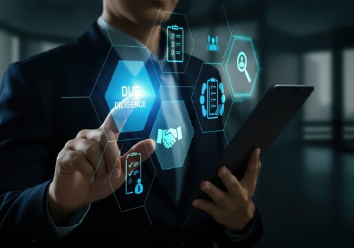 Businessman touching due diligence screen, holding tablet for business process concept